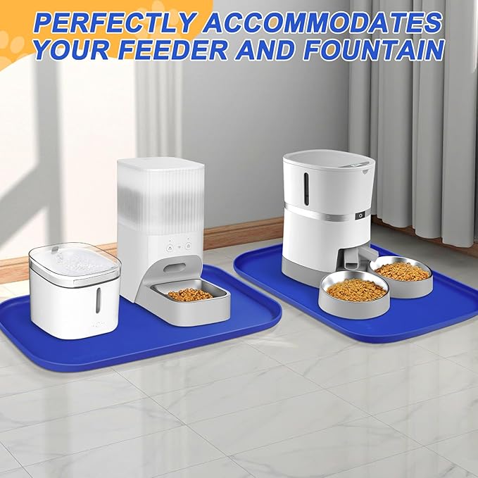 Silicone Pet Feeding Mat with Raised Edge for Food and Water, Dog Bowl Mats, Cat Bowls Placemat with High Lip for Floor Waterproof, Rubber Tray for Cats and Dogs 24 x 16 x0.8 Navy Blue