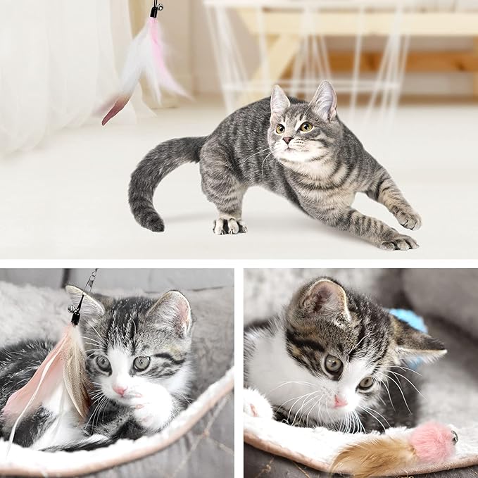 SONGWAY Interactive Cat Feather Toy Set - Retractable Teaser Wand with 6 Pcs Feather Refills with Bell, Cat Wand Toys for Indoor Cats Kittens Play Chase Exercise, Light Pink