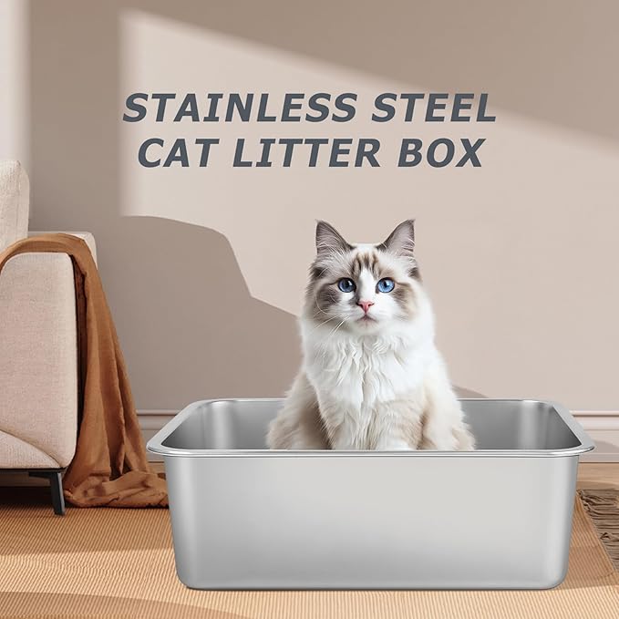 Stainless Steel Cat Litter Box - Metal High Sided Cat Pan, Large Stainless Steel Box, Indoor Litter Tray, Non Stick, No Smell, Easy-Clean Design for Hygienic Pet Care – Large Size for All Cats