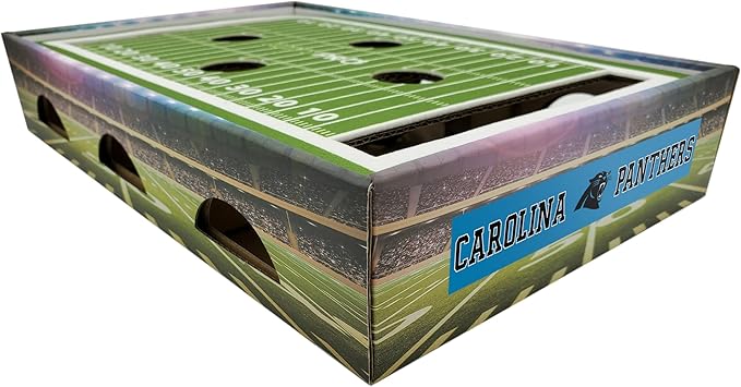 NFL Carolina Panthers Football Stadium Cat Scratcher Find & Play Box With 2 Jingle Bell Balls - Game Day Toy, Field Felt Scratcher, Play and Lounge Stimulating Game