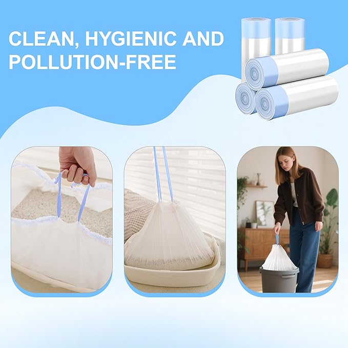 Litter Box Liners, 100 Count Drawstring Cat Box Liners, Tear Resistant Heavy Duty Cat Litter Bags for Litter Box, Pre-Separated for Easy Access, Easy Clean Up, Pet Supplies 25"x 16", White