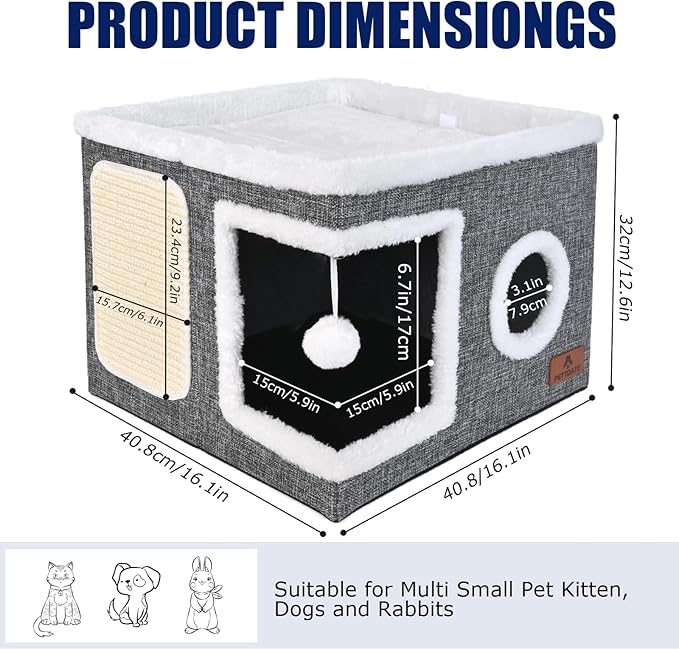 Cat Beds for Indoor Cats, Large Cat Cave Bed with Scratch Pad and Fluffy Ball, Foldable Cat Hideaway, Cat House with Reversible Cushion for Multi Small Pet Up to 30LBS, Grey