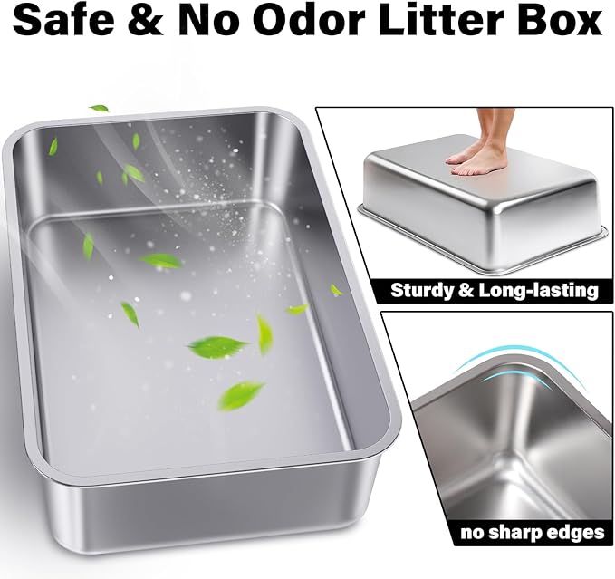 Stainless Steel Litter Box 2 Pack,Metal Litter Box for Cats Easy to Clean,Cat LitterBox for Kitty/Kitten Rabbit Litter Pan,Non Stick, No Smell