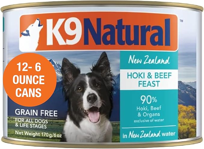 K9 Natural Wet Dog Food Pate, Hoki & Beef Feast, 6 Oz Cans (Pack of 12), Grain Free, Made in New Zealand with Sustainably Caught Hoki Fish and Grass-Fed and Finished Beef