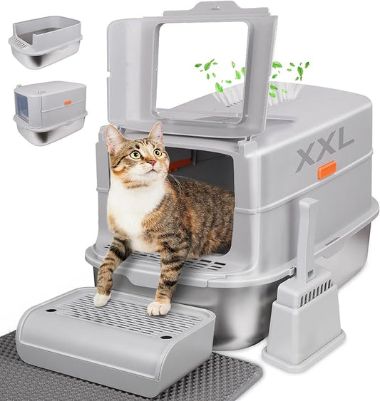 ELEGX Odor-Control Stainless Steel Cat Litter Box,XL Large 4-in-1 Cat Metal Litter Box Set,Enclosed Removable Metal Litter Box with High Sided Enclosure, Mat & Scoop,Extremely Easy to Clean