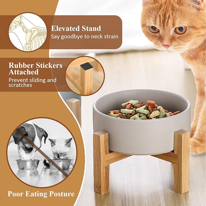 Elevated Ceramic Cat Bowl - Cat Food Bowl with Bamboo Stand - Raised Dog Dish for Puppies - Anti Vomiting, Stress Free - 13.5 oz / 400 ml - Yellow