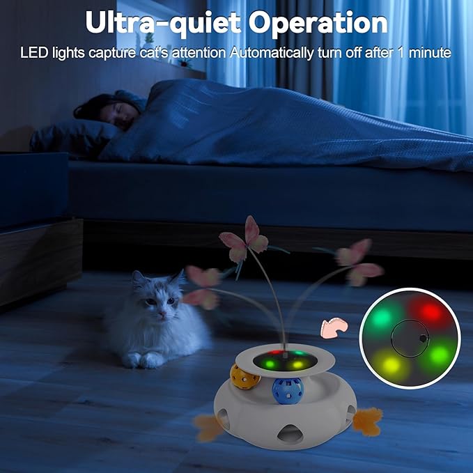 3in1 Interactive Cat Toys Moving Ambush Feather, Spinning Butterfly, Track Balls, Rechargeable Automatic Activated Kitten Toys for Indoor Cats, Cat Feather Toy for All Breeds