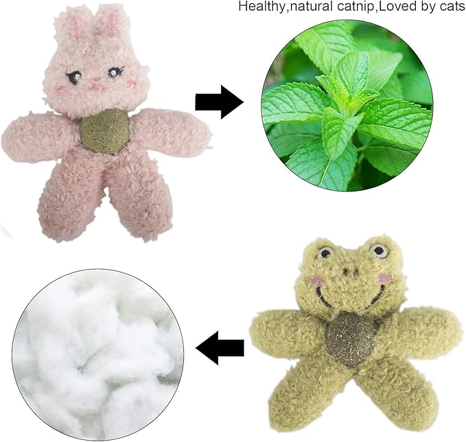 Cat Toys with Catnip Kitten Chew Bite Supplies Boredom Relief Fluffy Kitty Teeth Cleaning Chewing Cat Lovers Interactive Plush Gift (Tiger&Frog)