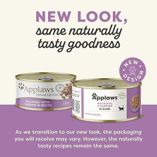 Applaws Natural Wet Cat Food in Broth, Limited Ingredient Canned Wet Cat Food, No Additives, Made with Natural Ingredients, Mackerel & Sardine in Broth (24 x 2.47oz Cans)