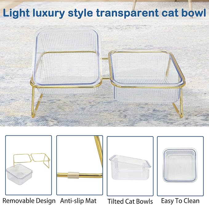 Elevated Double Cat Bowls,5.7" Pets Water and Food Bowl 15°Tilted Transparent Raised Kitten Food Feeding Dishes with Iron Stand Anti Slip Kitty Dishs Rose Gold Bowl Set for Kittiens Small Dogs