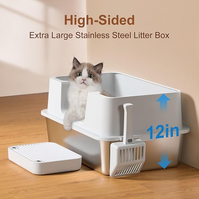 Stainless Steel Litter Box with Step Extra Large Cat Litter Box for Big Cats High Sides Enclosure XL Non-Sticky Easy Cleaning Anti-Urine Leakage (with Litter Scoop & Footboard, Grey)