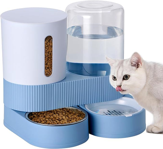 Automatic Dog Cat Water Dispenser Gravity Feeder and Water Dispenser Stainless Steel 2-in-1 Set Large Capacity Dispenser for Pets Dogs, Puppies, Kittens-Blue