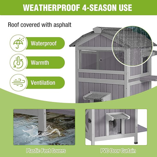 GUTINNEEN Insulated Cat House Outdoor Weatherproof Feral Cat Shelter for Winter, Two-Story Kitten House with Escape Door