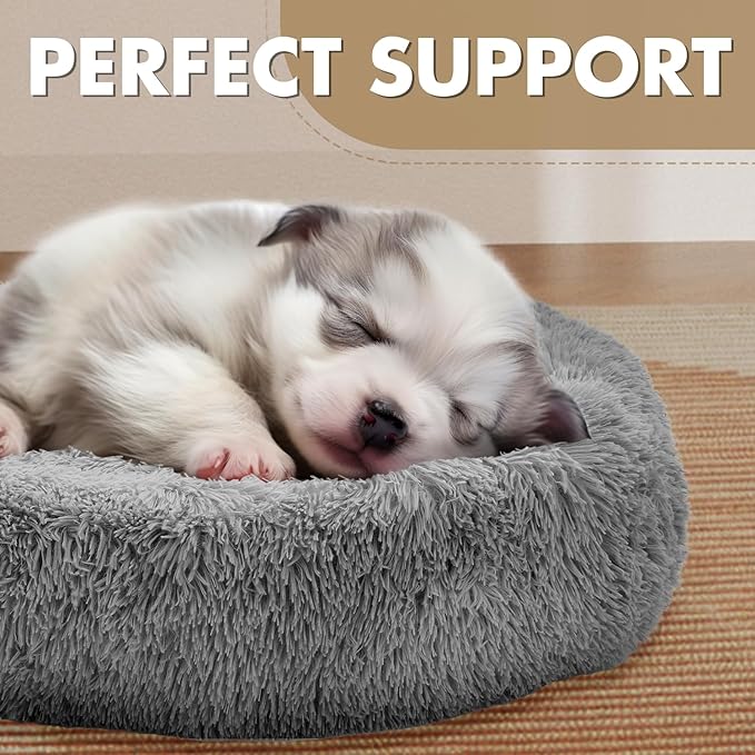 Athena Collection Washable Dog Bed Medium Size Dog, Cat Bed for Indoor Cats, 31 Inches Fluffy Faux Fur Round Pet Bed Calming Cozy Soft Warming Donut for Medium Puppy Kitten, Grey