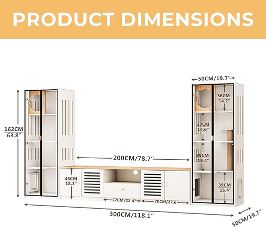 3-in-1 Cat Cabinet and TV Stand White Cat Climbing Furniture with Scratching Posts Pet Door, Modern Wooden Design with Storage and Drawer for Living Room