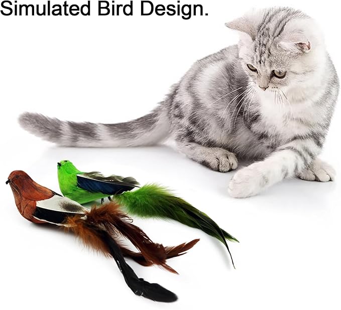 TTcat 2 Pcs Real Feather Cat Birds Toys Realistic Simulation Birds Toys with Bells for Indoor Cats Kittens.