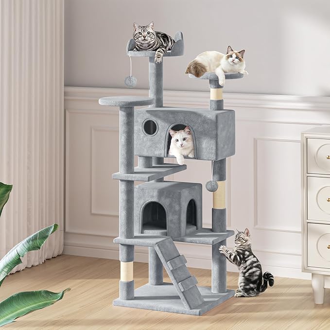 MoNiBloom 54 Inch Cat Tree Tower for Indoor Cats Large Adults, Cat Tower with Scratching Post, Multi-Level Furniture Activity Center with Cat Condo Pet Play House, Light Grey
