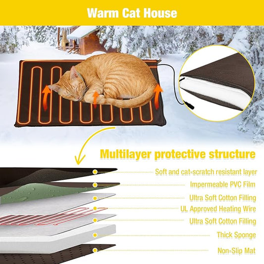 Heated Cat House for Outdoor Winter,Combined Cat Condo with Adjustable Temperature and Time， Insulated Outdoor or Indoor Cat Shelter for Feral with Escape Door (White and Brown, 1 Set)
