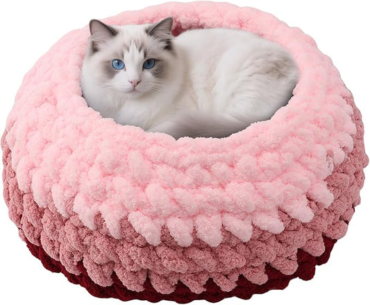 Cat Nest Bed for Indoor Kitten Cloud Pink Handwoven Washable Extra Soft Round Cave House Furniture