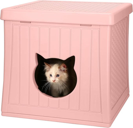 Heavy Duty Cat House Waterproof, Hidden Cat Litter Box Enclosure with Flip Lid for Easy Cleaning, Extra Thick Insulated Cat House Outdoor, Winter Feral Cat Shelter Weatherproof, Blush