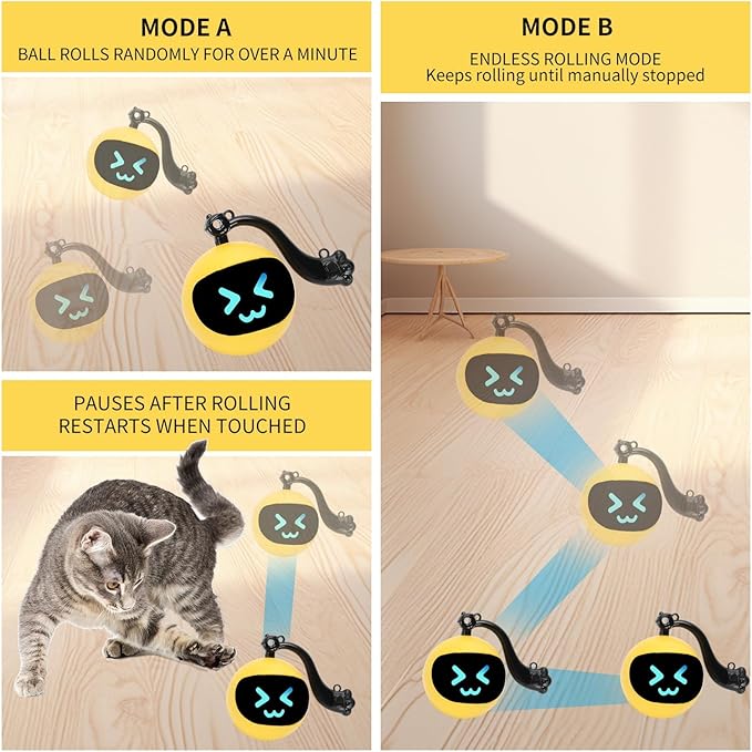 Electric Interactive Cat Feather Toy Ball for Indoor Cats,Turbo Tail Mouse Chase with LED Remote Control Cat Toy,Electric Automatic Moving Ball, Motion Activate Chirping Bird Sound Yellow