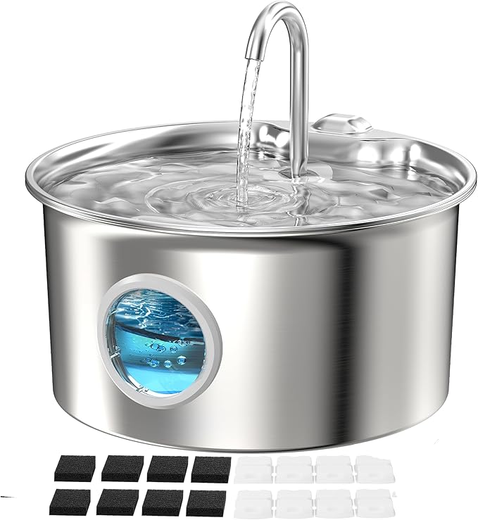 Pet Water Fountain Stainless Steel: Mental Cat Water Fountains for Cats Indoor - 88oz/2.6L Noiseless Cats Waterer Bowl Dispenser - ATMZIQXR Kitten Drinking Fountains with 8 Filters + 8 Sponges