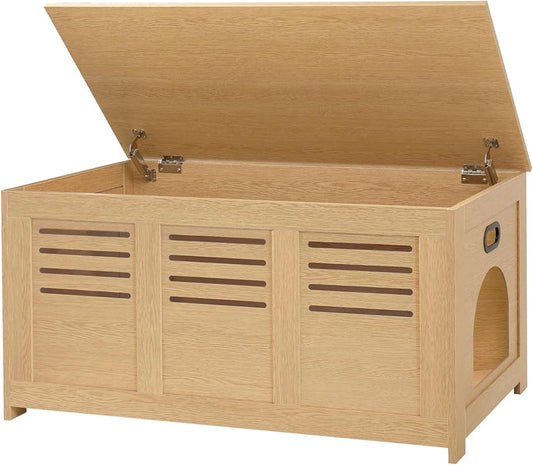 DINZI LVJ Litter Box Enclosure, Flip Top Litter Box Furniture, Hidden Cat Washroom, Wooden Cat House, End Table, 39.4" L x 19.7" W x 19.7" H, Good Ventilation, Easy to Assemble, Natural