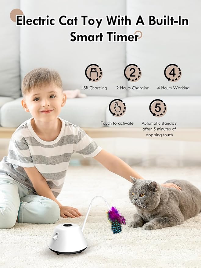 Automatic Interactive Cat Toys for Indoor Cats with Removable Feathers,3 Speed Play Modes,Smart Standby,USB Powered,Rubber Wheels for Adult Cats Kitten to Keep Busy Exercise,CT01-K