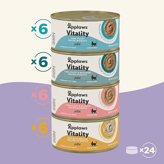 Applaws Vitality Wet Cat Food Paté, Natural Canned Cat Food, Wet Food for Cats with Added Vitamins and Minerals, Grain Free, Carrageenan Free, Variety Selection Paté (24 Count, 2.47 oz Cans)