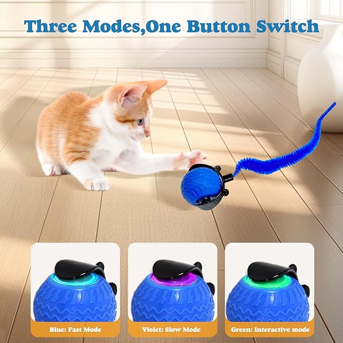 Interactive Cat Ball Toy, Upgraded Automatic Rolling Cat Ball with Tail 2.0 and Type C Cord, Touch Activated Moving Toy for Cats and Dogs (Blue)