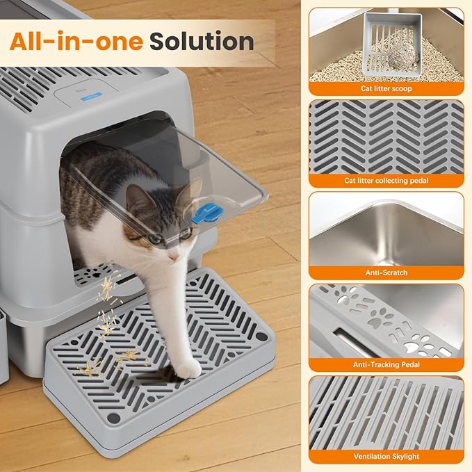 Nobleza Stainless Steel Cat Litter Box Extra Large Open-Top Enclosed Design Metal Litter Pan, Indoor Litter Tray, Non Stick, No Smell, Easy to Clean, Pet Toilet Supplies for Kitten, Kitty, Rabbit