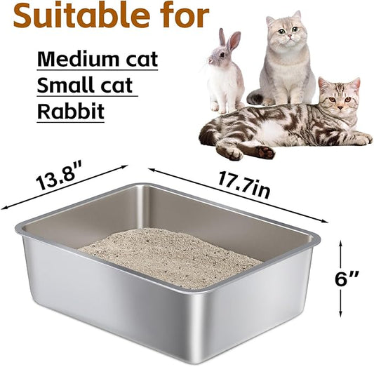 Stainless Steel Litter Box,Metal Cat Litter Box-6" High Side for Cats,Cat LitterBox for Kitty/Kitten and Rabbits, Stainless Steel Cats Litterbox, Easy Clean Non Stick No Smell