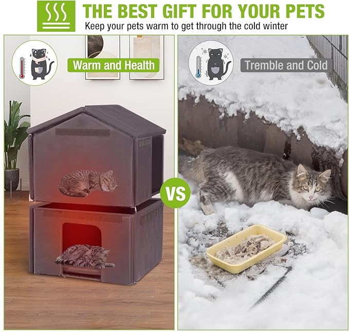 GUTINNEEN Outdoor Cat House Insulated Weathproof Two Story Feral Cat Shelter for Winter with Escape Door