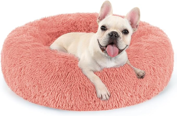 rabbitgoo Dog Bed for Small, 24 inches Machine Washable, Fluffy Donut Pet Bed Anti-Slip, Calming Soft Plush Round Cushion, Fits up to 18 lbs Pets, Pink