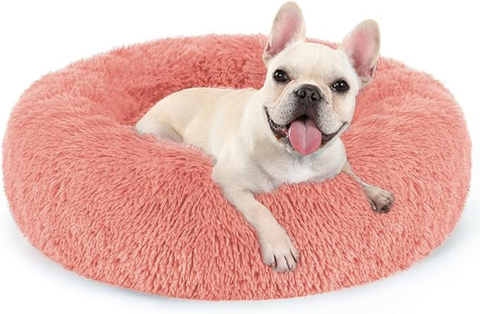 rabbitgoo Dog Bed for Small, 24 inches Machine Washable, Fluffy Donut Pet Bed Anti-Slip, Calming Soft Plush Round Cushion, Fits up to 18 lbs Pets, Pink