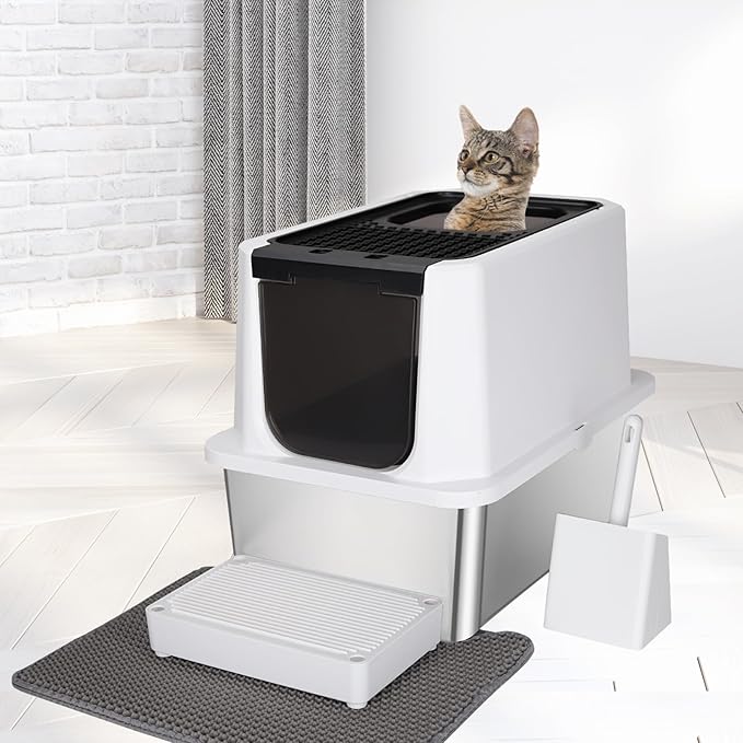 RIZZARI Stainless Steel Cat Litter Box, Odorless Enclosed Litter Box with Top Holes, Large Litter Pan for Small to Large Sized Cats (Black, 24" L*16" W*18" H)