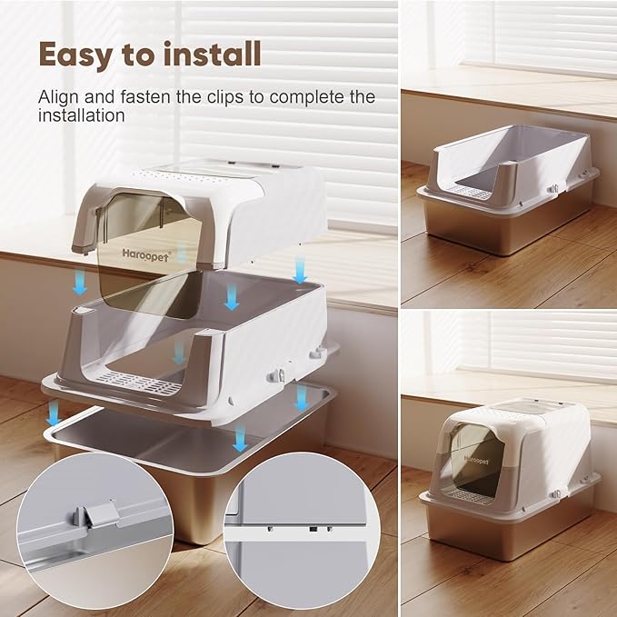 Stainless Steel Litter Box with Lid,XXL Extra Large Enclosed Metal Litter Box for Big Cat, Removable Front Entry Top Exit Kitty, with High Sided Enclosure & Scoop, Footboard(Grey)