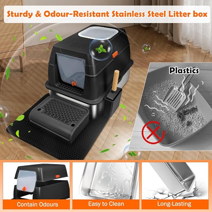 SZEE Stainless Steel Litter Box, XL Top Exit Enclosed Metal Cat Litter Box with Lid & Enclosure, Activated Charcoal Odor Control, Footboard, Trapping Mat & Scoop Included (Black)