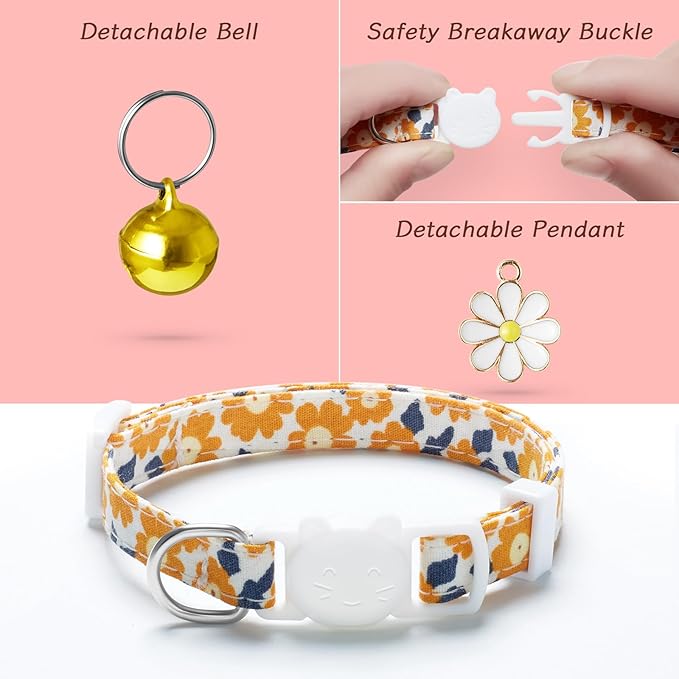 4 Pack Cotton Breakaway Cat Collar with Bell & Flowers Pendant,Cute Pet Kitten Collar for Girl Boy Cats,Pet Supplies,Stuff,Accessories,Gifts