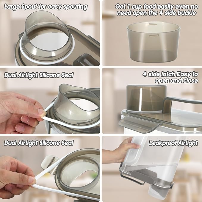 Large Spout Pet Food Storage Container, 10LBS Meter Dispenser with Handle,Measuring Cup, Double Sealing Tape and 4 Safety Snaps to Seal Dog Food and Cat Food