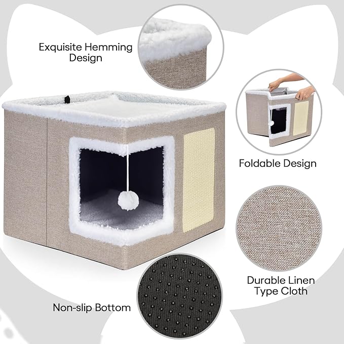 petizer Cat Bed for Indoor Cats, Large Covered Cat House with Scratch Pad, Foldable Cat Cave Bed & Hideaway Cube with Reversible Cushions, Cute Cat Condo for Multi Small Pet Kitten (Khaki)
