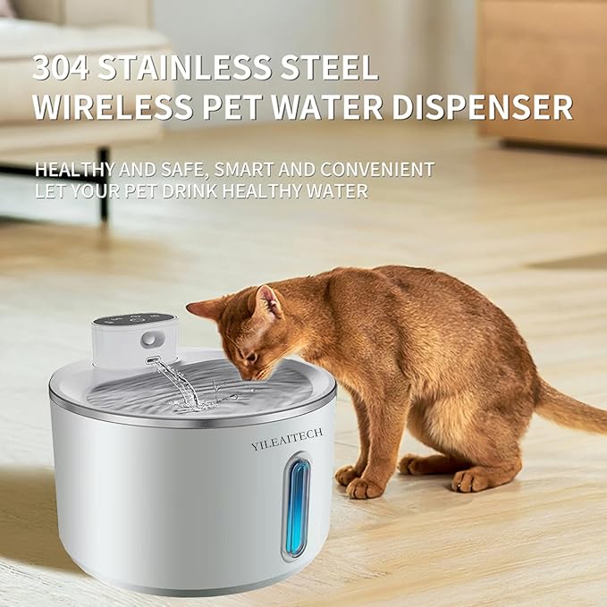 Wireless Cat Water Fountain Stainless Steel, 135oz/4L Cat Fountain, Battery Operated, Cordless Pet Water Fountain for Cats & Dogs with Motion Sensor, Ultra Quiet Pump, 12 Filters (White, 4L)