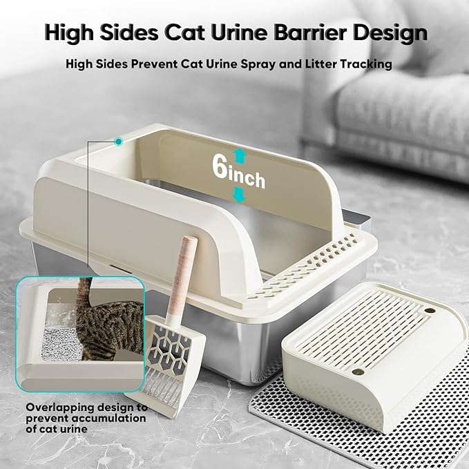 Stainless Steel Cat Litter Box with Lid, XL Large Litter Box for Big Cats, Enclosed Kitty Litter Pan with High Sides, Anti-Leakage&Non-Stick, Easy to Clean, Included Scoop, Aisle and Mat Beige
