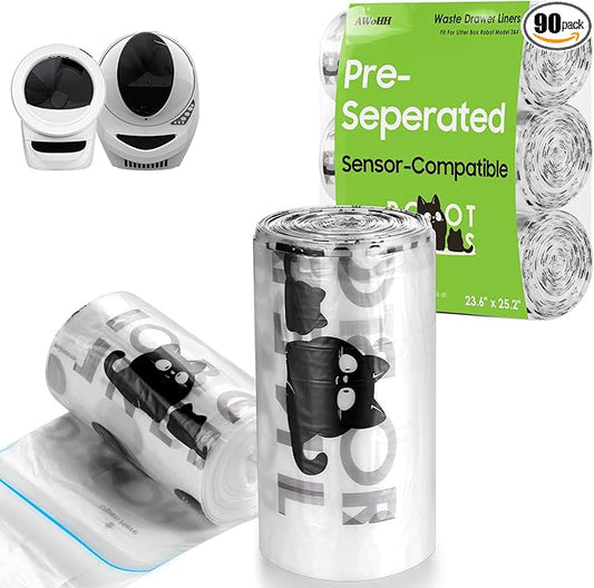 90 Pack Cat Litter Box Robot 4 and 3 Waste Bags, Tear-free, Transparent, Sensor-compatible, Automatic Litter Box Liners Bags, 9-11 Gallon Capacity