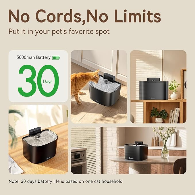 Cat Water Fountain, 122oz/3.6L Pumpless Cat Fountain, Cordless Water Fountains for Cats Indoor, Dog Pet Water Fountain Battery Operated with Stainless Steel Tray (Black, Fountain+8 Fliters)