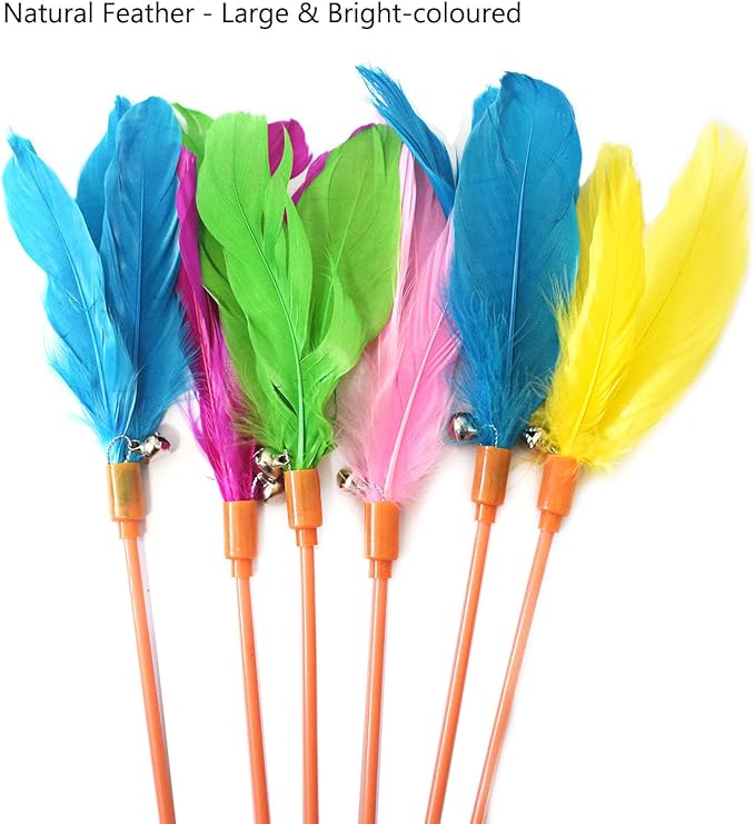 Cat Wands, 6 PCS Vibrant Color Feather Wands with Bell Unbreakable Cat Feather Sticks Interactive Kitten Toys for Indoor Cats