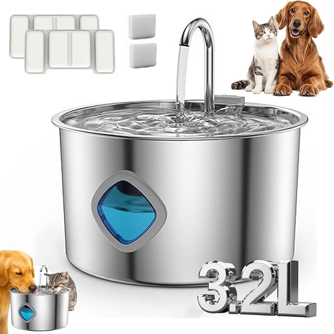 Pawira Water Fountain for Cats, Pawira Cat Fountain, Large Capacity 3.2L/108oz Automatic Pet Water Dispenser with Faucet, Spout Visible Window, Quiet Pump (1 Pc + 2 Filter, One Size)