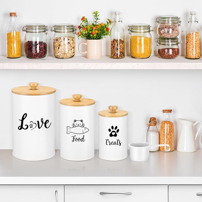 Metal Airtight Cat Treat Container Set of 3 with Bamboo Lids and Spoon Cat Food Storage Container with DIY Labels Pen Pet Cookie Snack Food Storage Organizer Jars for Kitchen Counter(White)