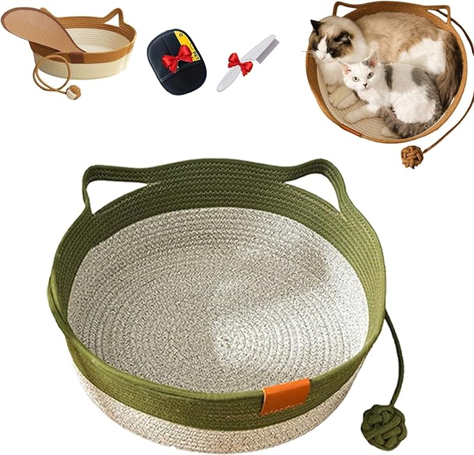 Cutypet Cat Basket, Cuty Pet Basket, Handwoven Cotton Rope Cat Bed, cat Scratch Bed with Built-in Teasing Ball, Breathable & Easy to Clean and Detachable Pad (Green, Medium)