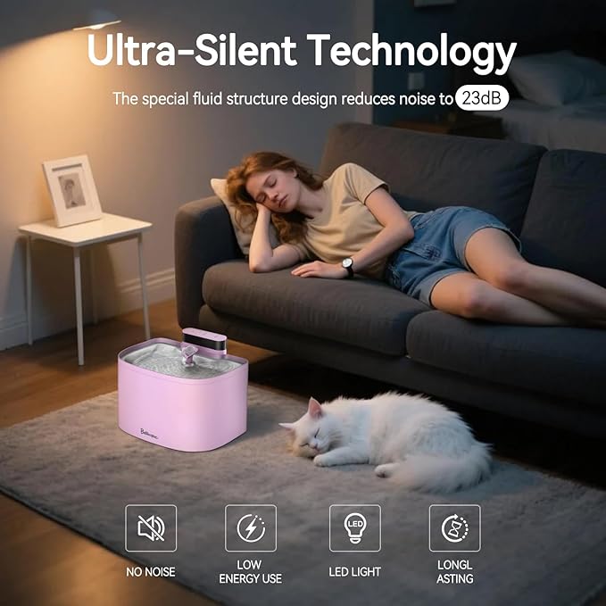 Cat Water Fountain, 122oz/3.6L Pumpless Cat Fountain, Cordless Water Fountains for Cats Indoor, Dog Pet Water Fountain Battery Operated with Stainless Steel Tray (Pink, Fountain+8 Fliters)